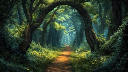 Fototapeta premium A sunlit path winds through a dense, green forest, leading to a mysterious destination.