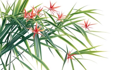 A lush green plant with vibrant red and orange flowers, isolated on a white background.