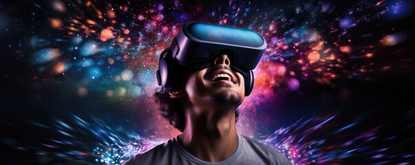 Young man experiences immersive virtual reality in a colorful, vibrant setting filled with abstract patterns and lights