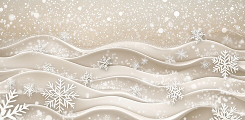 A background with snowflakes and bokeh lights, a beige background, white snow waves, and a white glittery snow pattern