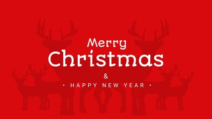 Merry Christmas and happy new year greeting card on red background border decorated with fir branches, reindeer and Xmas tree.