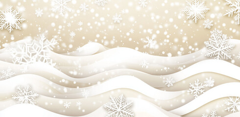 A background with snowflakes and bokeh lights, a beige background, white snow waves, and a white glittery snow pattern