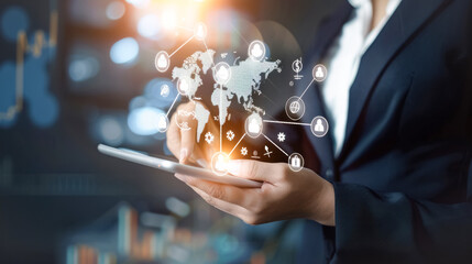Businesswoman using digital tablet with global network connections overlay. Analyzing financial charts and data to determine market trends