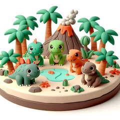 Fototapeta premium A fun, 3D cartoon render of an island with cute dinosaurs, palm trees, and volcanoes. Each dinosaur has a distinct personality, like a playful T-Rex or a shy stegosaurus, with friendly expressions.