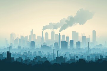 city skyline shrouded in smog, highlighting pollution and industry