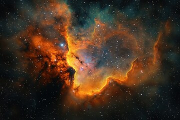 Fototapeta premium A vibrant nebula with swirling gas and dust, glowing with orange and blue hues against a backdrop of countless stars.