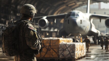 A soldier in camouflage uniform stands in front of a cargo plane, looking at the boxes being loaded.