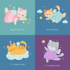 Cute fairy tale cat with wings magic poster set