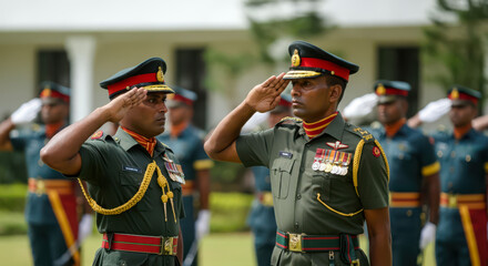 Sri Lankan soldiers giving salute during ceremony military, glory and honor, dignified military uniform