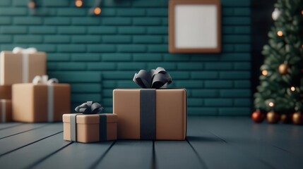 Santa s workshop scene with  Exclusive Holiday Gift Offers  displayed on the wall