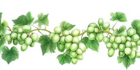 Obraz premium A vine with five clusters of green grapes and leaves against a white background.