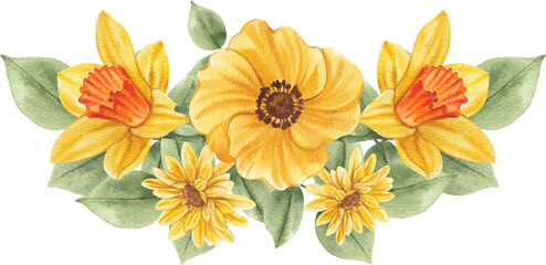 Hand-drawn yellow anemone and elegant yellow lily watercolor