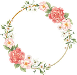 Hand-drawn blooming pink peonies with lush green leaves watercolor