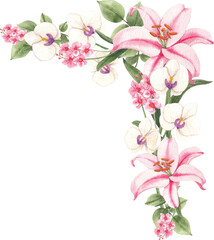 Hand-drawn lily and elegant orchid flowers watercolor © 3dcr3at3