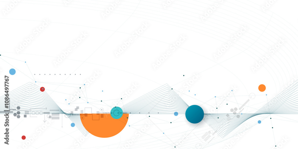 Poster vector illustration abstract modern technology design. white circle, geometric shape, wave wireframe