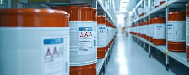 The image shows a well-organized storage area filled with labeled barrels, indicating a clean and efficient industrial setting.