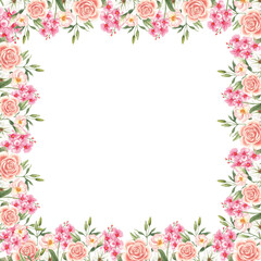 Hand-drawn frame of pink orchid with peonies and white lily