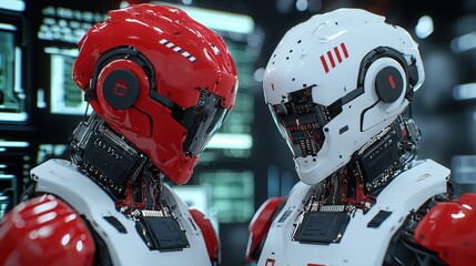 Futuristic Robots AI Technology Assembly Line Electronics Factory Red and White Cyborgs Close up