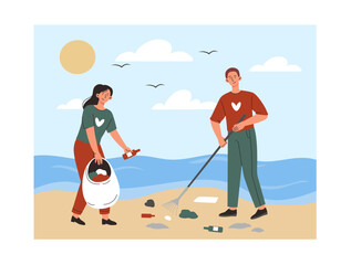 People volunteering at beach. Man and woman remove garbage from coastline. Caring for ecology and environment. People collecting trash. Flat vector illustration isolated on white background