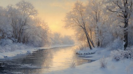 Snow-draped trees lining a river at sunrise, with soft light illuminating the snowy scene
