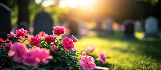 Beautiful landscape cemetery rows tombstones pink flowers sun Well maintained