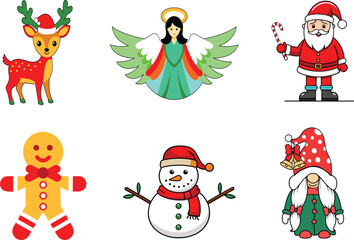Cute and Festive Christmas Characters in Cartoon Flat Design of Gnome, Elf, snowman, Santa Claus, Blue Angel, vector illustration .