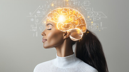 Young Black woman illuminated by a glowing holographic brain symbolizing data-driven innovation, strategic brainstorming, and futuristic thinking, designed with ample room for text or branding