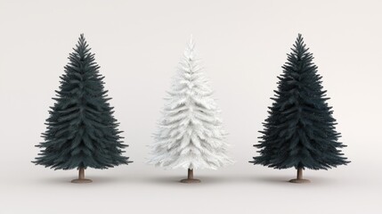 Obraz premium Three Christmas Trees Dark Green White and Black Spruce Holiday Decor Winter