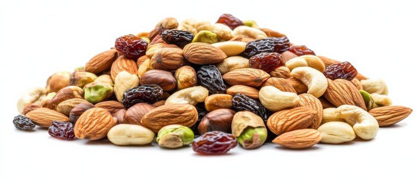 Close-up pile mixed nuts dried fruits made up Trail mix or gorp
