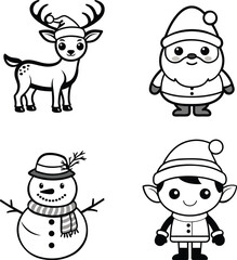 Holiday Cartoon Set vector illustration line art set of deer, elf, snowman, Santa Claus, all character wearing Christmas  hat.