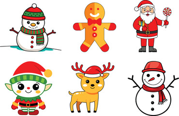 Charming Christmas Characters set of snowman, Santa Claus, Blue Angel, and gingerbread vector illustration.