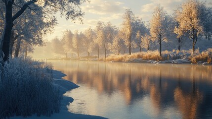 Fototapeta premium Soft sunlight illuminating a snowy riverbank, with frost-covered trees reflecting on the calm water