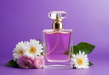 A close-up of a perfume bottle with a purple flower next to it on a dark background