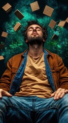 Fototapeta premium Young Man Meditating with Floating Brown Cubes and Ethereal Green Background in a Surreal Digital Environment, Representing Inner Peace and Mindfulness