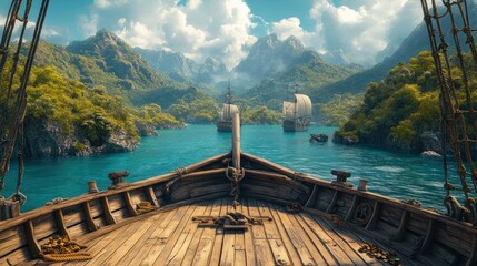 A view from the bow of a sailing ship, looking out at a serene bay with mountains in the distance and other ships in the water.