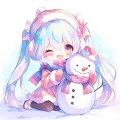 Fototapeta premium 雪だるまを抱きしめるアニメの女の子