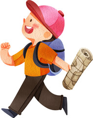 Hand-drawn boy walking happily with backpack Watercolor