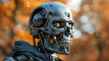 Fototapeta premium A mechanical humanoid robot with a skeletal structure and sophisticated technology stands against a backdrop of autumn foliage.