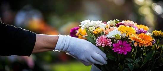 Person hand wearing white gloves holding bunch Autumn gravesite care