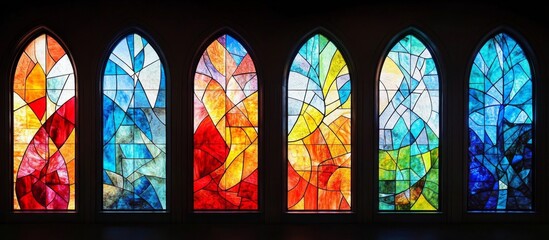 Set six arched windows colorful stained glass panels church made