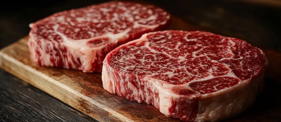 Three pieces raw beef steaks wooden cutting board Texture of wagyu