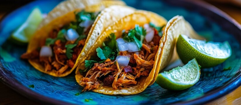 Three tacos blue plate are made tortilla shell Four served