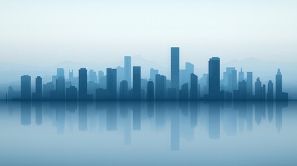 Serene City Skyline Reflection Misty Morning Urban Landscape Calm Waters