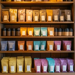 Display of Gourmet Coffee Varieties on a Rack