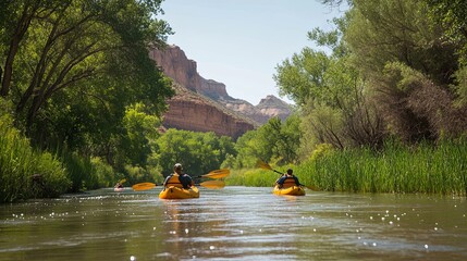 Kayaking adventure on winding river with lush greenery and cliffs