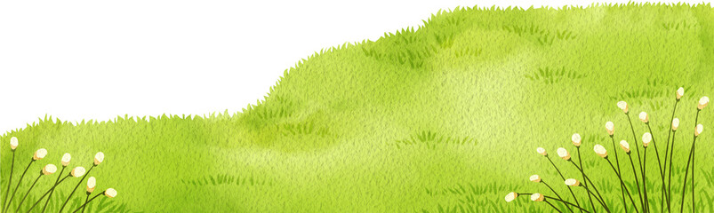 Hand-drawn grassy hill with tiny flowers Watercolor