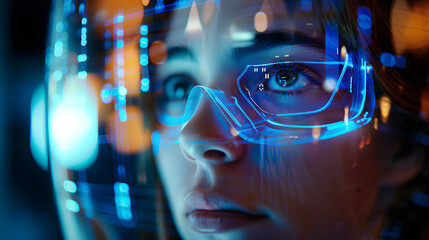 Concept of future technology or entertainment system, virtual reality. Female portrait lit by HUD interface