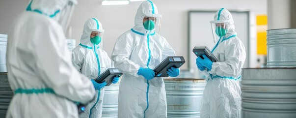 Workers in protective suits inspect data on tablets in a clean, industrial environment, emphasizing safety and technology in operations.