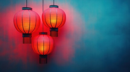 Three glowing red lanterns against a blue background.
