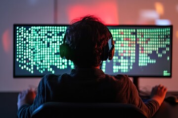 A person wearing headphones sits in front of two computer monitors with green and red code displayed on the screens.